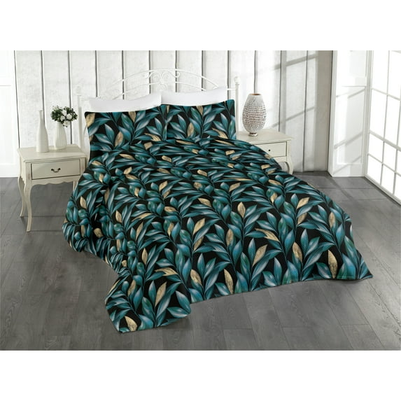 Ambesonne Leaves Greenery Quilted Bedspread Set 3 Pcs, Leafy Night Jungle, Queen, Teal Cadet Blue Peach