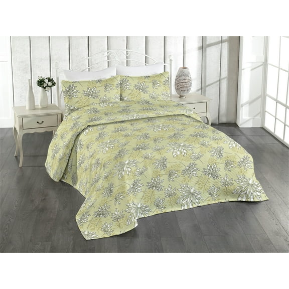 Ambesonne Leaves Greenery Quilted Bedspread Set 3 Pcs, Nostalgic Leaf Art, King, Pistachio Green White