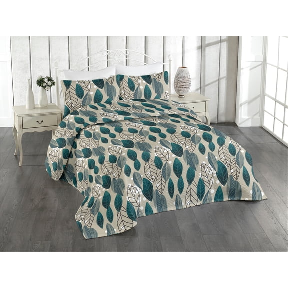 Ambesonne Leaves Greenery Quilted Bedspread Set 3 Pcs, Simple Leafy Design, Twin, Petrol Blue Pale Khaki