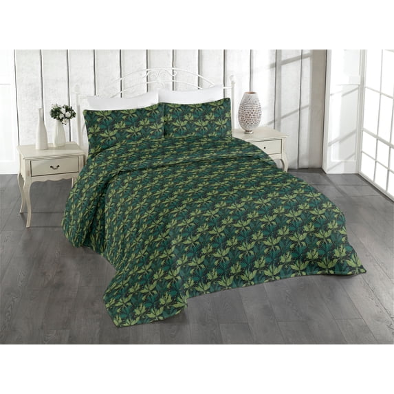 Ambesonne Leaves Greenery Quilted Bedspread Set 3 Pcs, Tropical Atmosphere, Twin, Fern Green and Jade Green