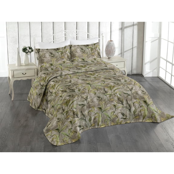 Ambesonne Leaves Greenery Quilted Coverlet 3 Pcs, Tropical Leaf Boho, Queen Size, Olive Green Taupe