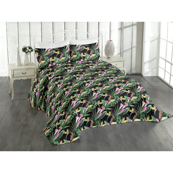 Ambesonne Leaves Greenery Quilted Coverlet 2 Pcs, Dreamy Tropical Art, Twin Size, Jade Green Charcoal Grey