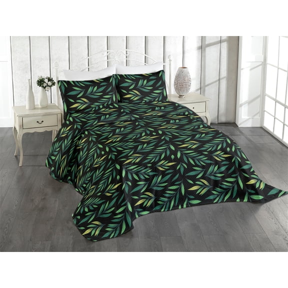 Ambesonne Leaves Greenery Quilted Coverlet 2 Pcs, Leafy Pattern Boho, Twin Size, Fern Green Charcoal Grey