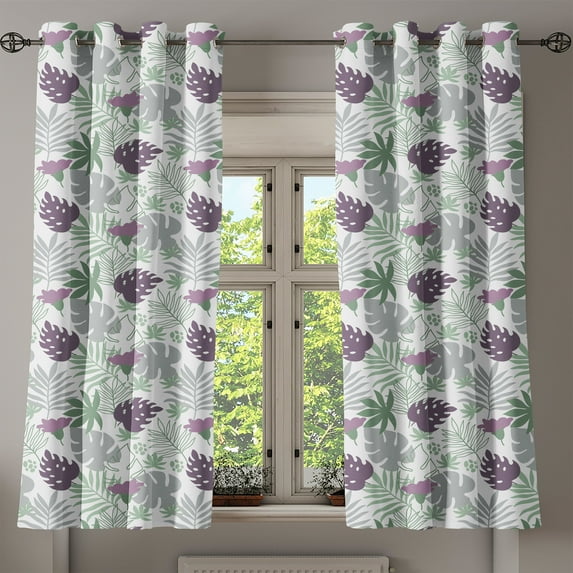 Ambesonne Leaves Grommet Curtain, Tropical Botany Design, 50" x 54", Eggplant Green Grey