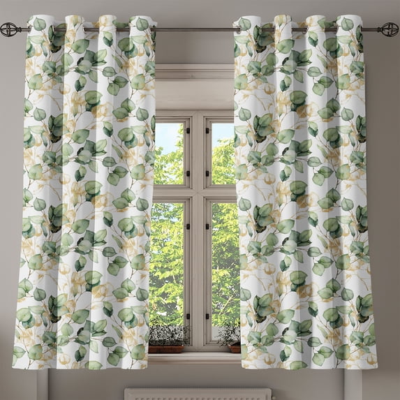 Ambesonne Leaves Grommet Curtain, Tropical Eucalyptus Pattern, 50"x60", Camel Reseda Green White