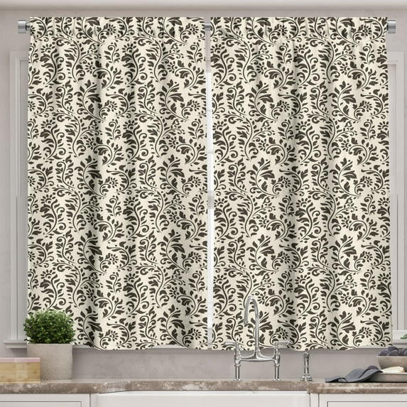 Ambesonne Leaves Kitchen Curtains, Abstract Nature Swirls, 55"x39", Cream Dark Taupe