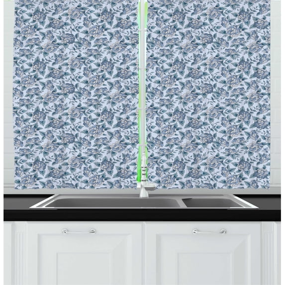 Ambesonne Leaves Kitchen Curtains, Flowers in Blossom, 55"x45", Slate Blue and Pale Blue