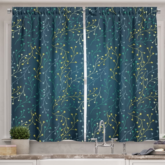 Ambesonne Leaves Kitchen Curtains, Little Buds on Branches, 55"x39", Dark Blue Green Yellow