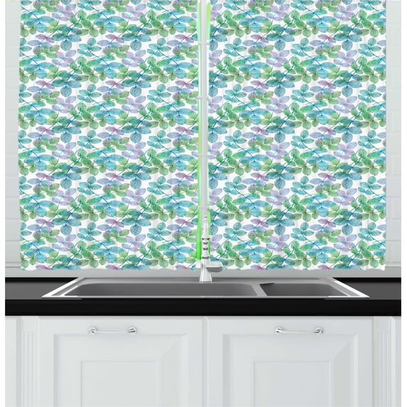 Ambesonne Leaves Kitchen Curtains, Ornate Nature Illustration, 55"x45", Green Blue White