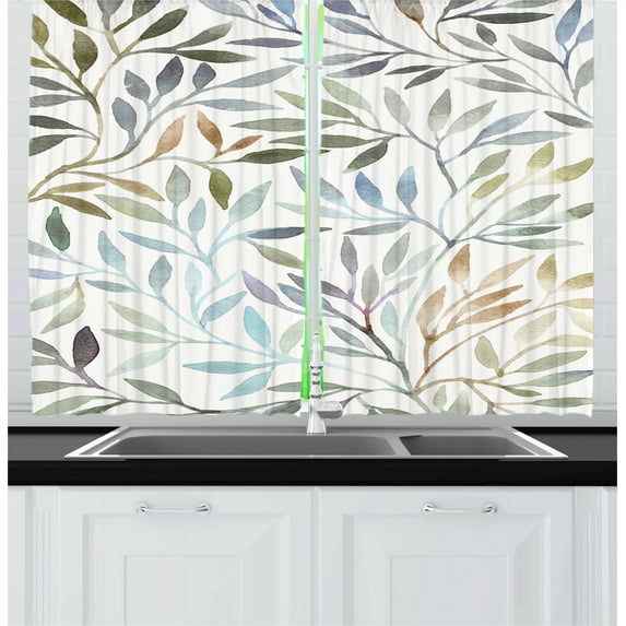 Ambesonne Leaves Kitchen Curtains, Watercolor Floral Pattern, 55"x39", Multicolor