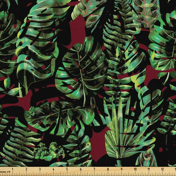 Ambesonne Leaves Nature Print Fabric by the Yard, Tropical Leaf, 1 Yard, Fern Green Burgundy Green
