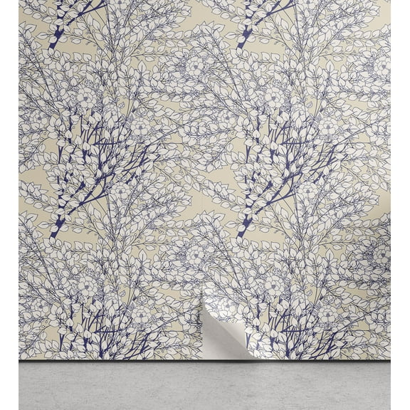 Ambesonne Leaves Peel & Stick Wallpaper for Home, Antique Style Plants Pattern, 13"x100", Off White Indigo Cream