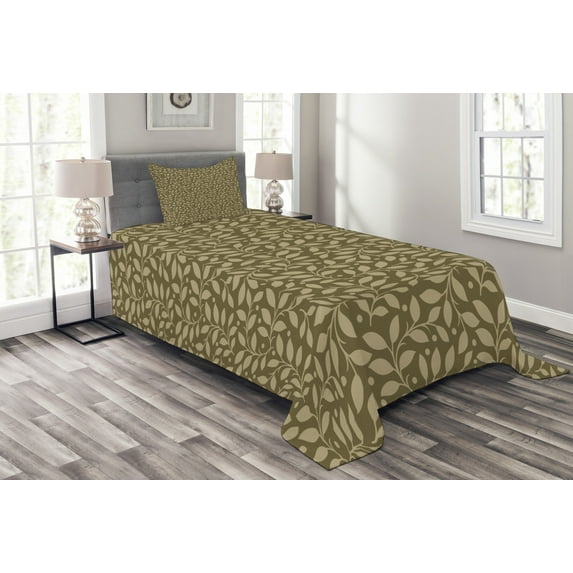 Ambesonne Leaves Quilted Bedspread Set 2 Pcs, Antique Leafy Branches, Twin Size, Pale Brown and Khaki