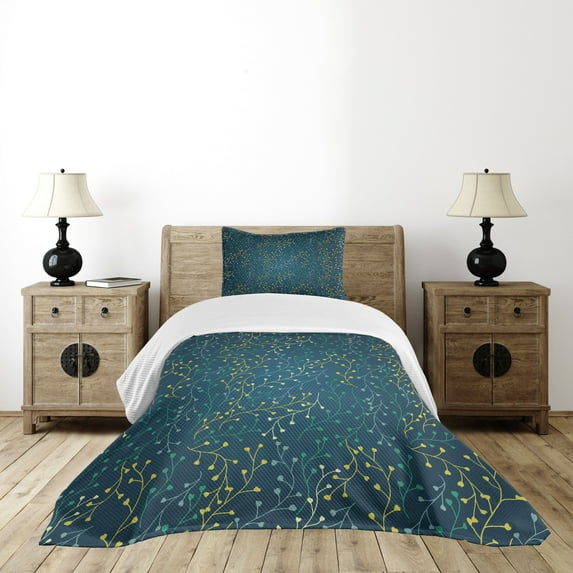 Ambesonne Leaves Quilted Bedspread Set 2 Pcs, Little Buds on Branches, Twin Size, Dark Blue Green Yellow