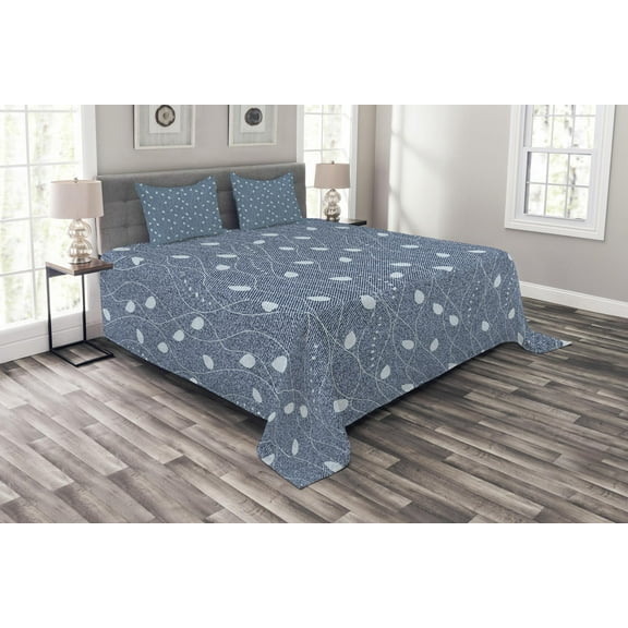 Ambesonne Leaves Quilted Bedspread Set 3 Pcs, Branches over Denim, Queen Size, Pale Blue Slate