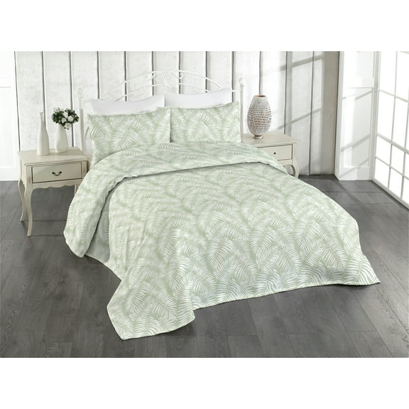 Ambesonne Leaves Quilted Bedspread Set 3 Pcs, Green Aloha Leaf Botanical, Queen, Pastel Green White
