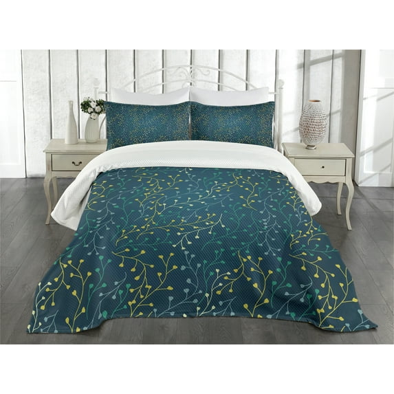 Ambesonne Leaves Quilted Bedspread Set 3 Pcs, Little Buds on Branches, King Size, Dark Blue Green Yellow