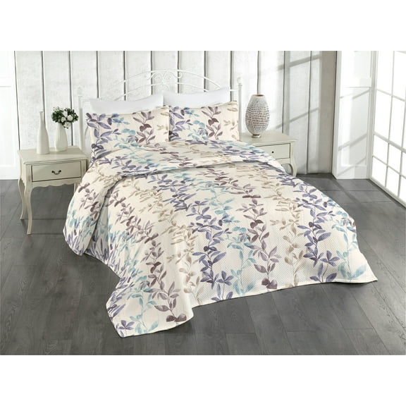 Ambesonne Leaves Quilted Bedspread Set 3 Pcs, Love Botanical Composition, King, Ivory and Multicolor