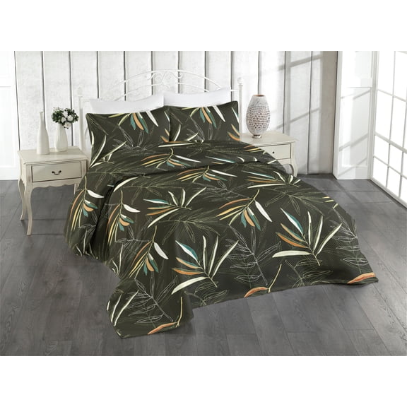 Ambesonne Leaves Quilted Bedspread Set 3 Pcs, Modern Simplistic Leafy Art, Twin, Dark Olive Green and Yellow