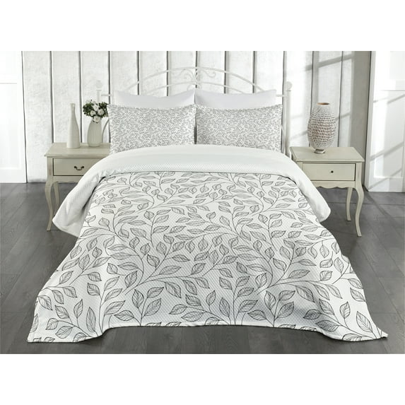 Ambesonne Leaves Quilted Bedspread Set 3 Pcs, Monochrome Floral Rustic, King Size, Black White