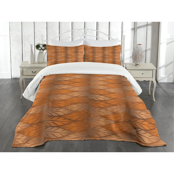 Ambesonne Leaves Quilted Bedspread Set 3 Pcs, Nature Autumn, King Size, Pale Caramel Ginger