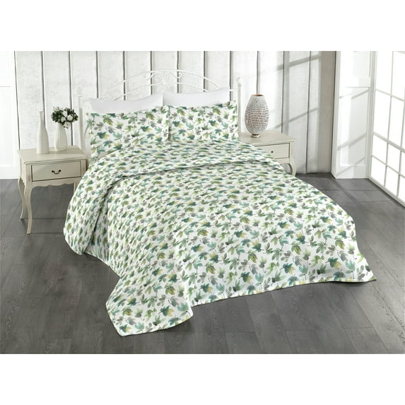 Ambesonne Leaves Quilted Bedspread Set 3 Pcs, Retro Leaf Watercolor Print, King, Sea Green and Pistachio Green