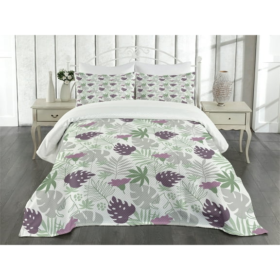 Ambesonne Leaves Quilted Bedspread Set 3 Pcs, Tropical Botany Design, Queen Size, Eggplant Green Grey