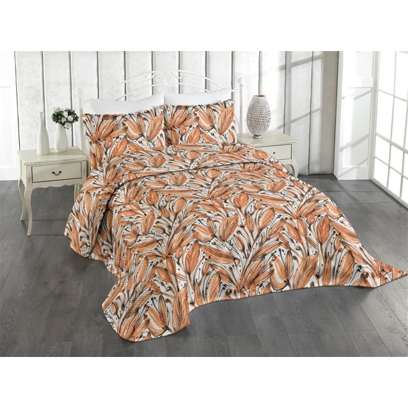 Ambesonne Leaves Quilted Coverlet 2 Pcs, Botanical Pattern Fall Leaf, Twin Size, Apricot Burnt Orange