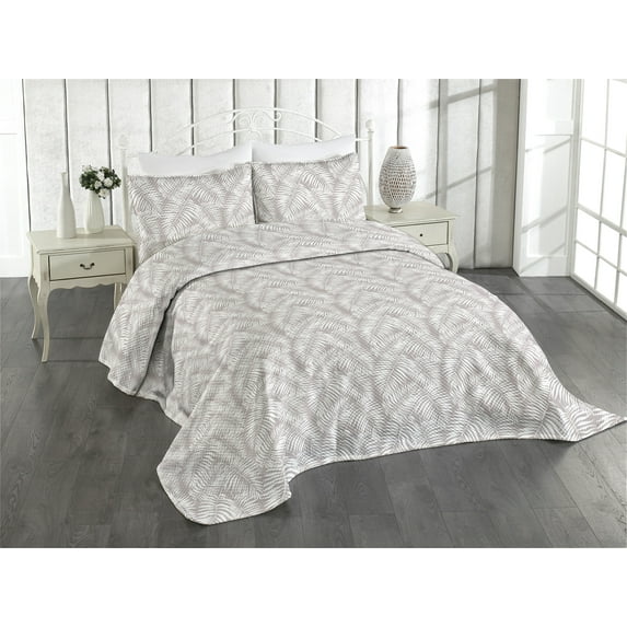 Ambesonne Leaves Quilted Coverlet 3 Pcs, Warm Taupe Leaf Botanical, King Size, Warm Taupe White
