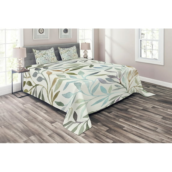 Ambesonne Leaves Quilted Coverlet 3 Pcs, Watercolor Floral Pattern, King Size, Multicolor