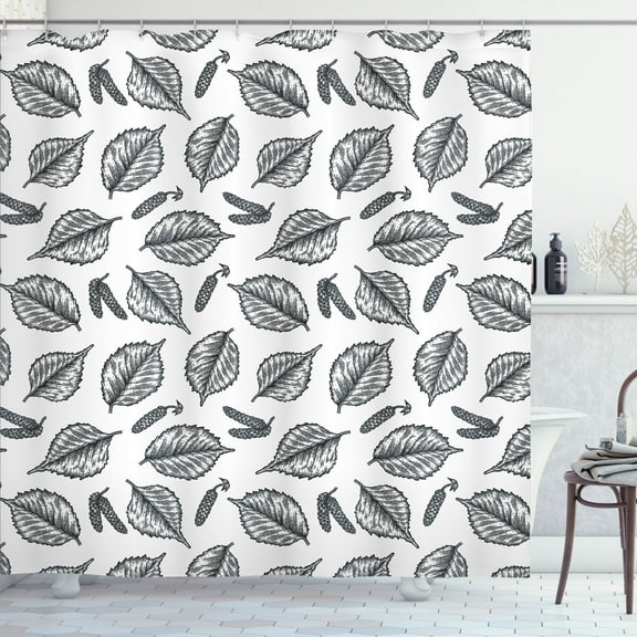 Ambesonne Leaves Shower Curtain, Birch Detail Sketch Foliage, 69"Wx75"L, White and Charcoal Grey