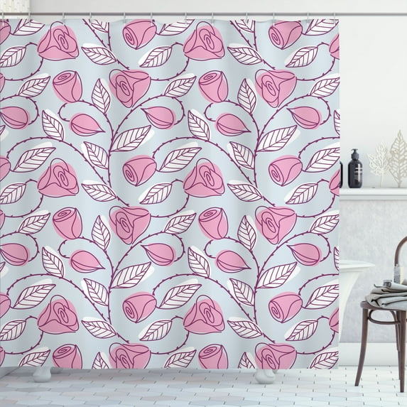 Ambesonne Leaves Shower Curtain, Pastel Sketch Leaves Motif, 69"Wx84"L, Pale Blue Pale Pink