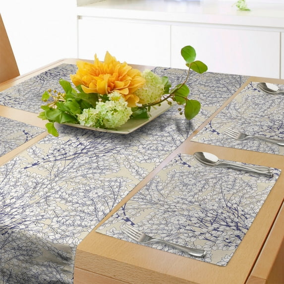 Ambesonne Leaves Table Runner & Placemats, Antique Style Plants Pattern, Placemat 4 pcs + Runner 14"x90", Off White Indigo Cream