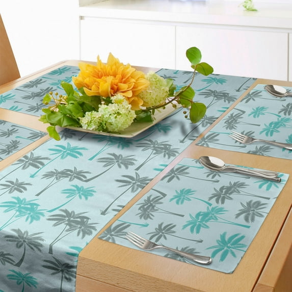 Ambesonne Leaves Table Runner & Placemats, Exotic Palm Trees Motif, Placemat 4 pcs + Runner 14"x72", Pale Blue