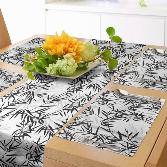 Ambesonne Leaves Table Runner & Placemats, Leaves Sticks Oriental, Placemat 4 pcs + Runner 14"x72", Pale Grey Black White