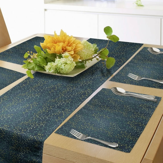 Ambesonne Leaves Table Runner & Placemats, Little Buds on Branches, Placemat 4 pcs + Runner 12"x72", Dark Blue Green Yellow