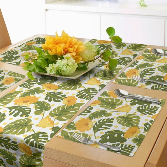 Ambesonne Leaves Table Runner & Placemats, Monstera Leaves and Blossom, Placemat 4 pcs + Runner 14"x72", Olive Green Pale Yellow