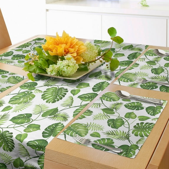 Ambesonne Leaves Table Runner & Placemats, Monstera and Fern Foliage, Placemat 4 pcs + Runner 14"x90", Green Pale Green White