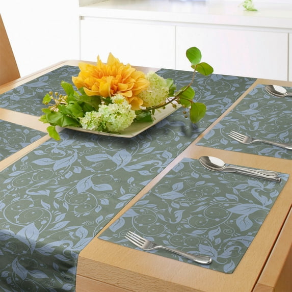 Ambesonne Leaves Table Runner & Placemats, Wrapping Style Abstract Leaf, Placemat 4 pcs + Runner 14"x72", Ceil Blue Reseda Green