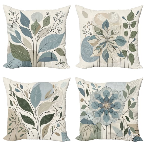 Ambesonne Leaves Throw Pillow Cover 4 Pack, Modern Soft Colors Branches, 18", Blue Grey and Laurel Green