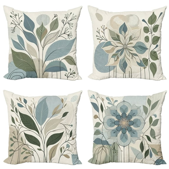 Ambesonne Leaves Throw Pillow Cover 4 Pack, Modern Soft Colors Branches, 20", Blue Grey and Laurel Green