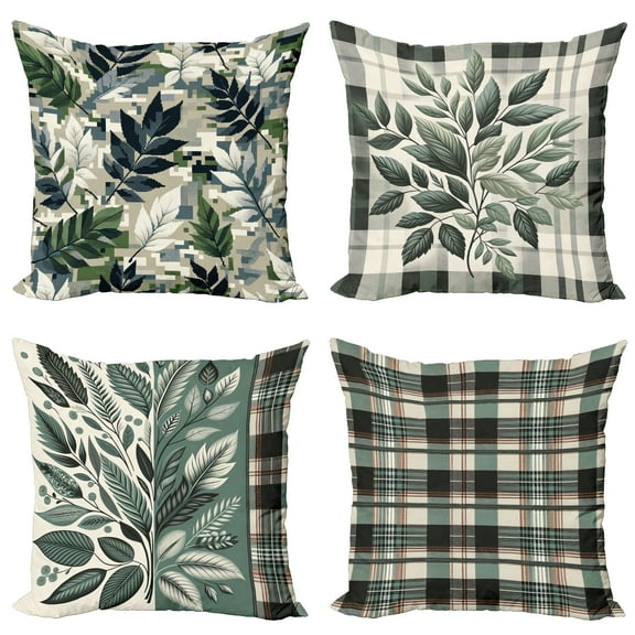 Ambesonne Leaves Throw Pillow Cover 4 Pack, Rustic Country Plaid Leaf, 24", Grey Teal Dark Taupe