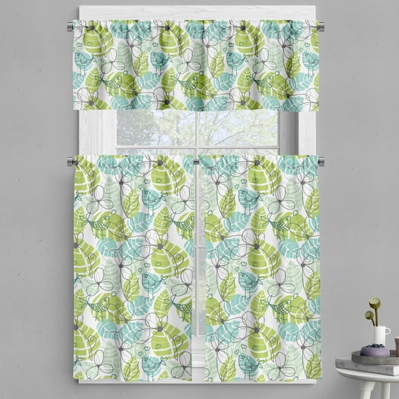 Ambesonne Leaves Valance & Curtain, Ornate Doodle Birds, 55"x36", Charcoal Grey Pale Green