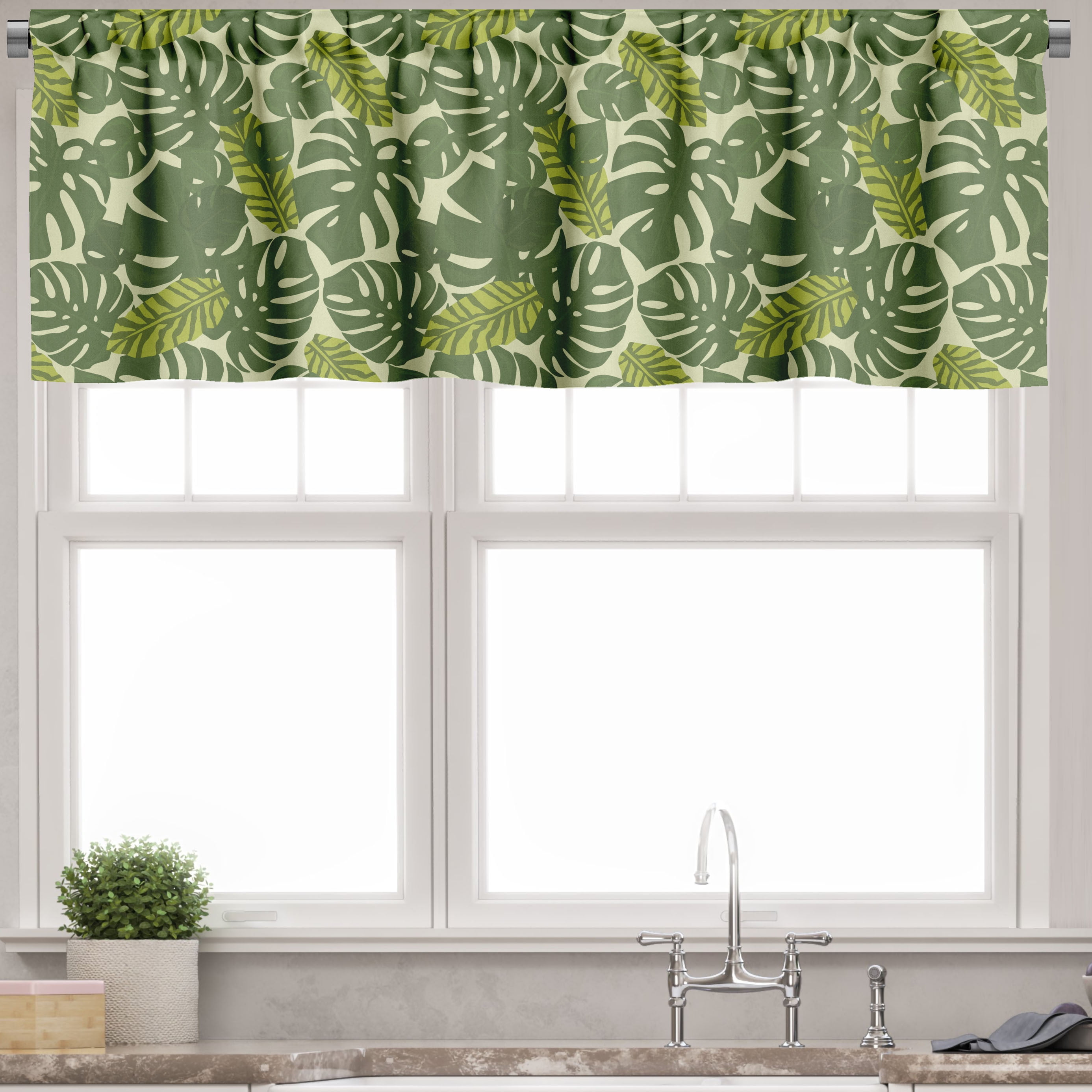 Pastel Green Monstera Leaf Satin Rod Pocket Valance