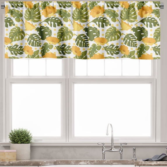 Ambesonne Leaves Valance Pack of 2, Monstera Leaves and Blossom, 54"X12", Olive Green Pale Yellow
