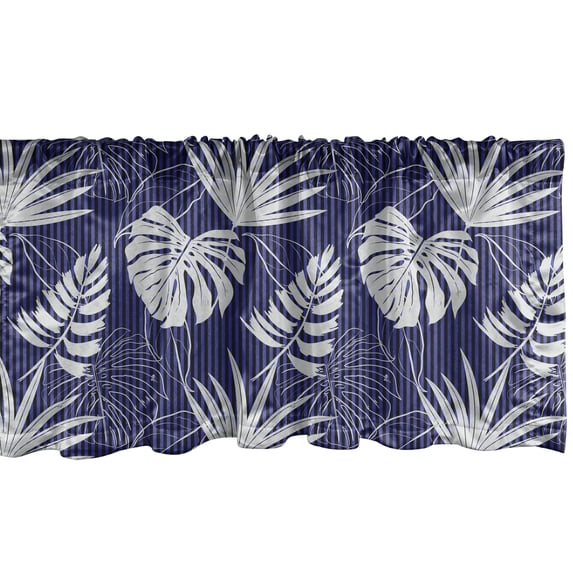 Ambesonne Leaves Window Valance, Hawaiian Flora Tropical Rainforest Monstera Leaves on Stripes, Curtain Valance for Kitchen Bedroom Decor with Rod Pocket, 54" X 18", Violet Blue Coconut