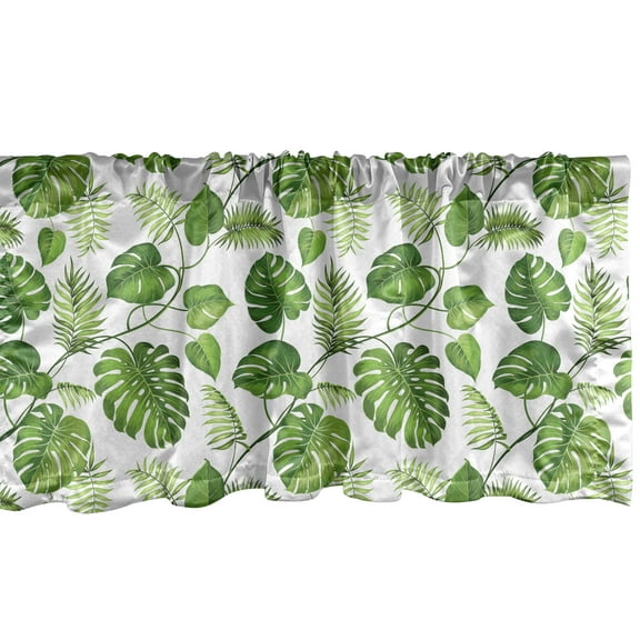 Ambesonne Leaves Window Valance, Monstera and Fern Foliage, 42" x 12", Green Pale Green White