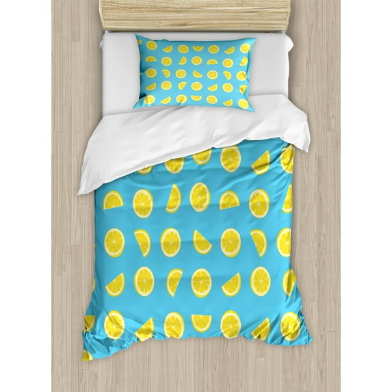 Ambesonne Lemon Duvet Cover Sets, Slices Summer Sun, 2-Twin, Sky Blue Yellow