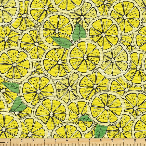 Ambesonne Lemon Fabric by the Yard Upholstery, Sketchy Citrus Fruits Leaves, 2 Yards, Yellow Lime Green