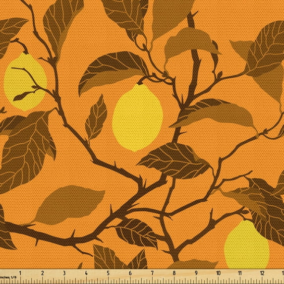 Ambesonne Lemon Fabric by the Yard Upholstery, Vintage Lemon Tree Delicacy, 2 Yards, Mustard Orange and Amber